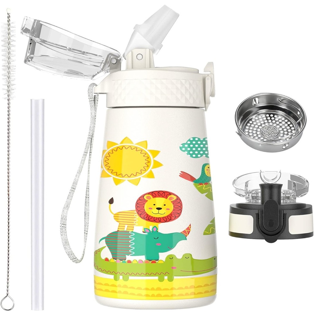 350 ml Children's Stainless Steel Water Bottle with Straw for School with 2
